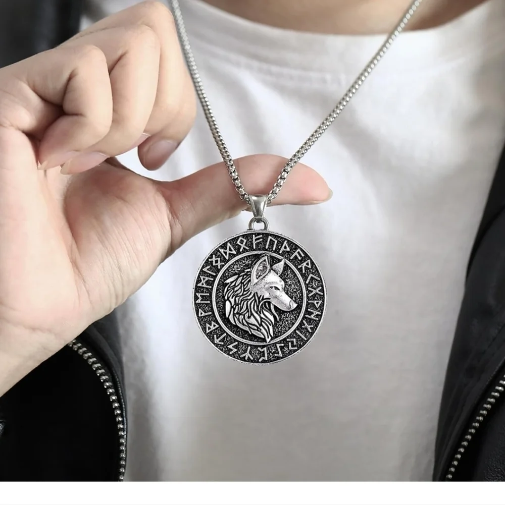 Wolf Pendant with Norse Runes